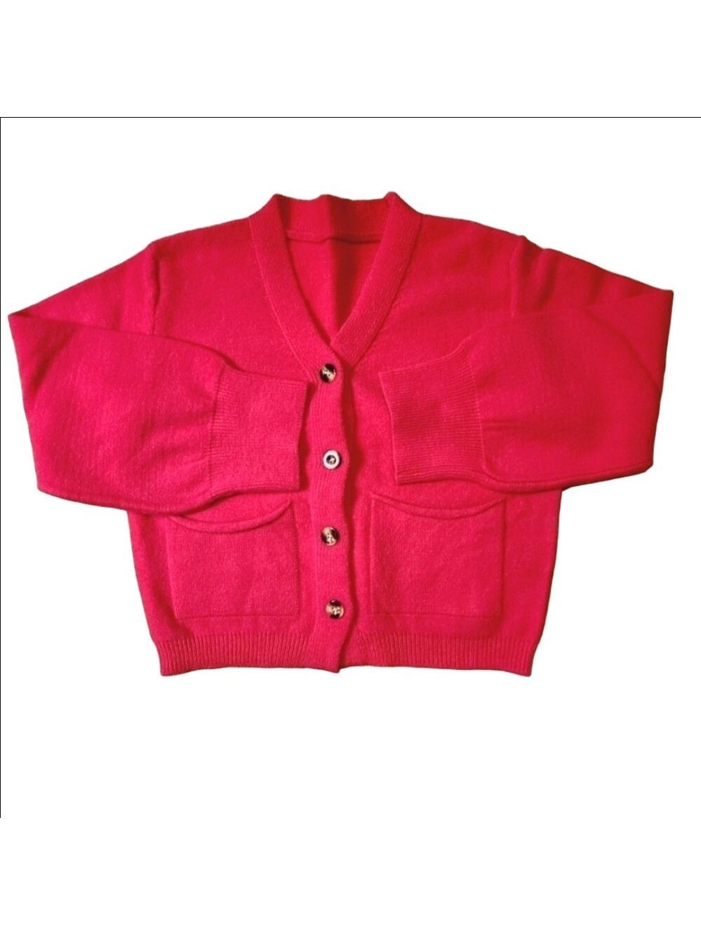 Barbiecore Hot Pink Knit Sweater Cardigan Button Down V-Neck Pockets Small New